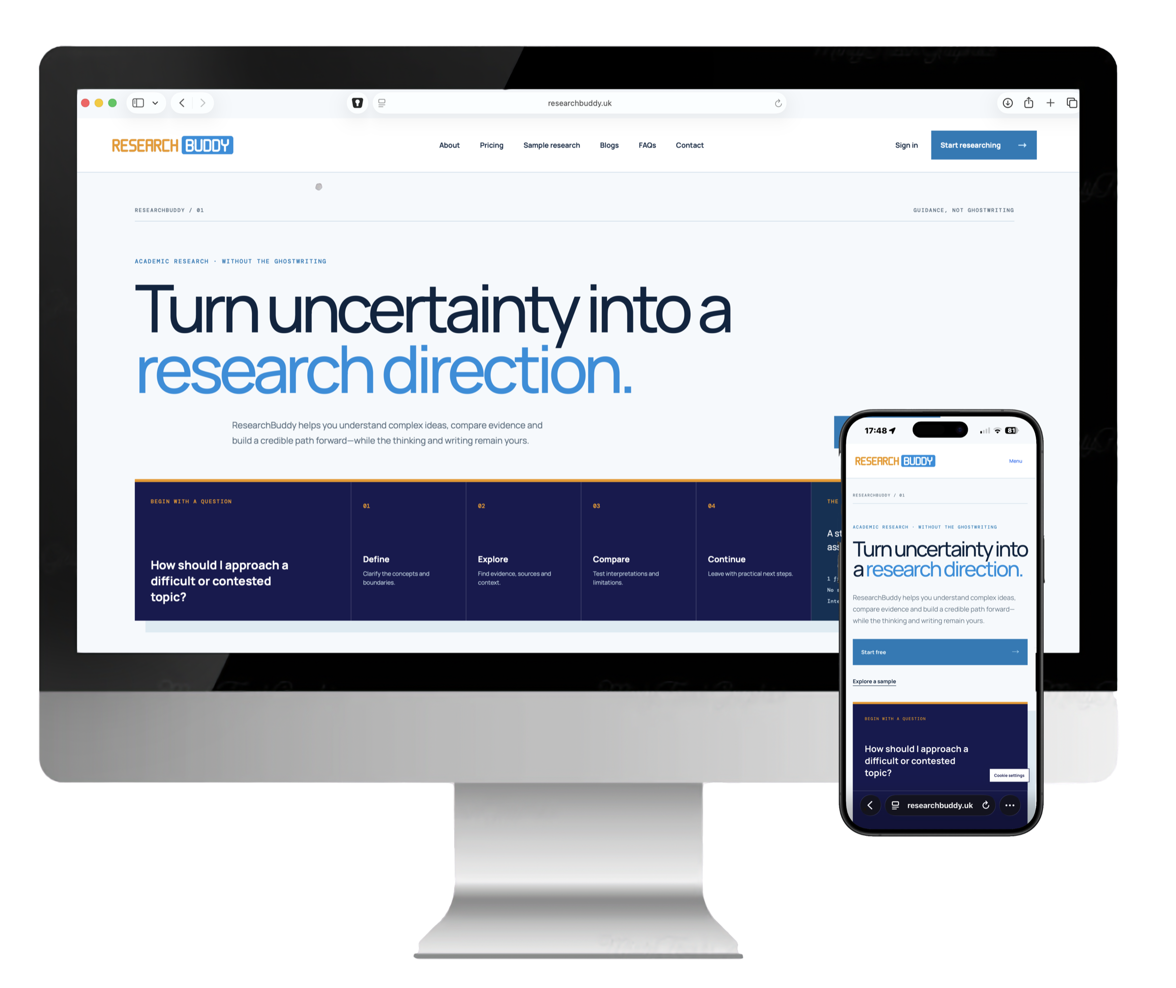Research Buddy shown on desktop and mobile devices