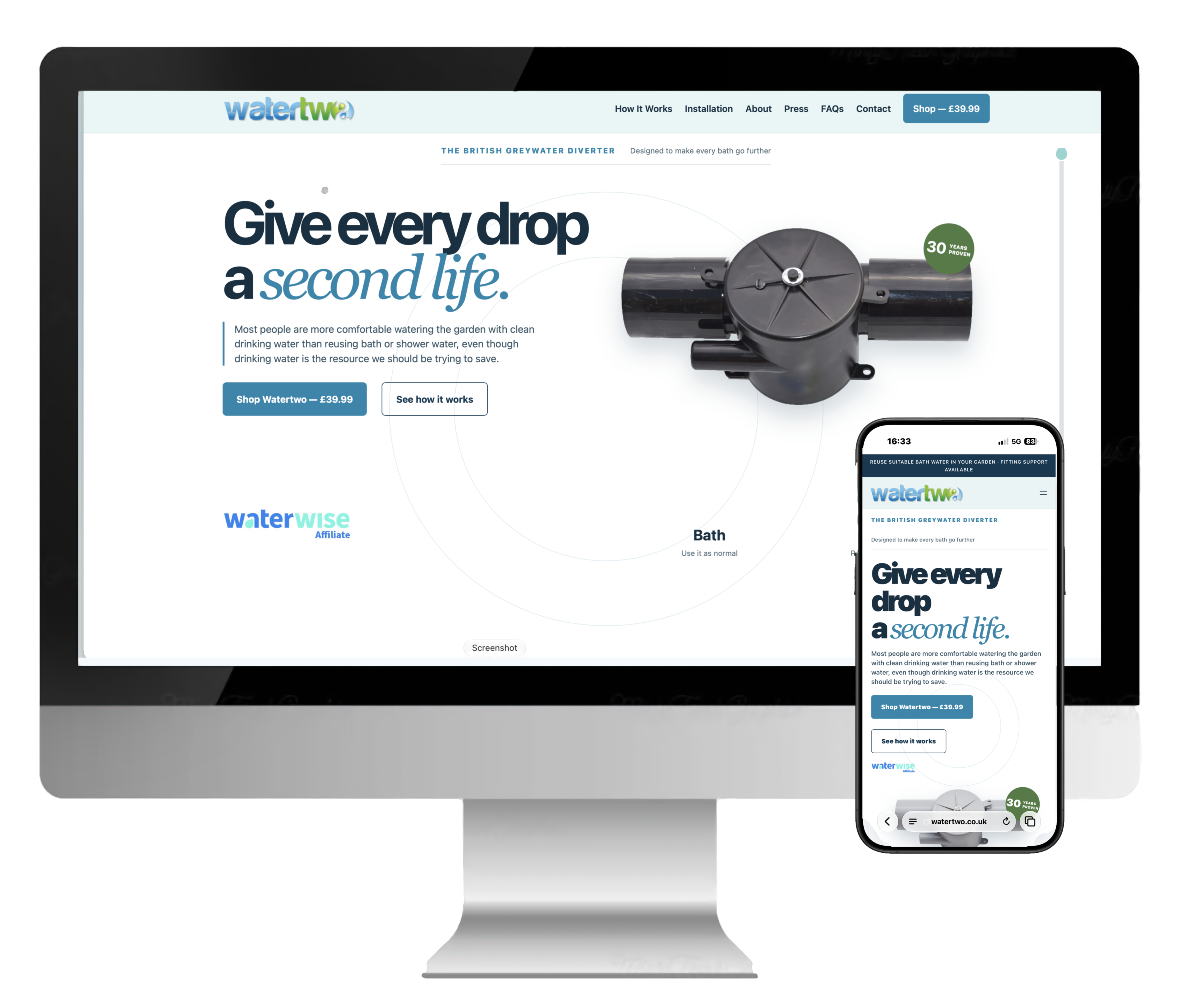 Watertwo website shown on desktop and mobile devices